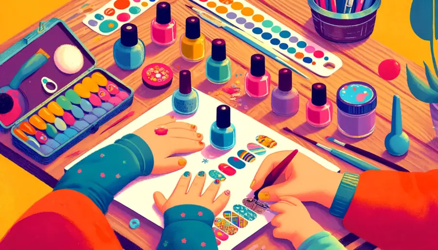  Children using non-toxic nail polish for creative nail art, showing various colors and designs being applied.
