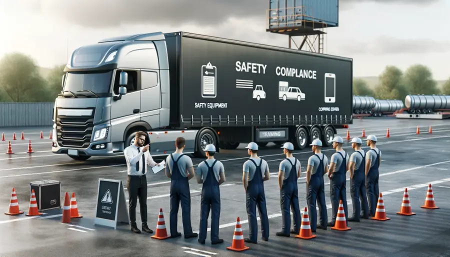 A car hauling training session on safety and compliance, with a trainer demonstrating essential practices to new drivers beside a hauler truck.