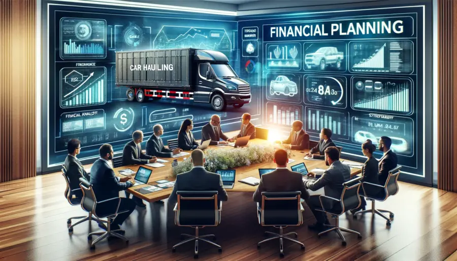 Top 8 Steps to Launch Your Car Hauling Business 5 Car hauling business team engaged in financial planning in a modern boardroom.