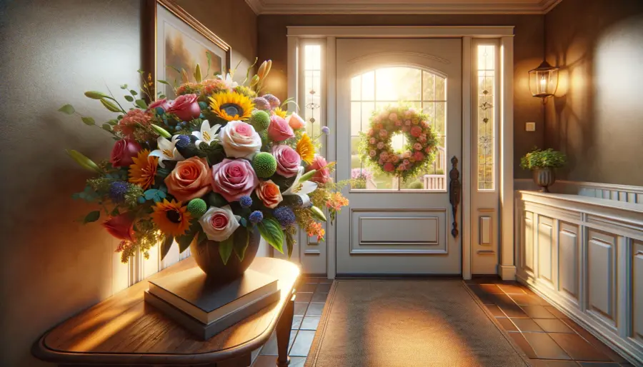 Elegant bouquet of roses, sunflowers, and lilies on a small table by the front door of a new home, symbolizing warmth and welcome