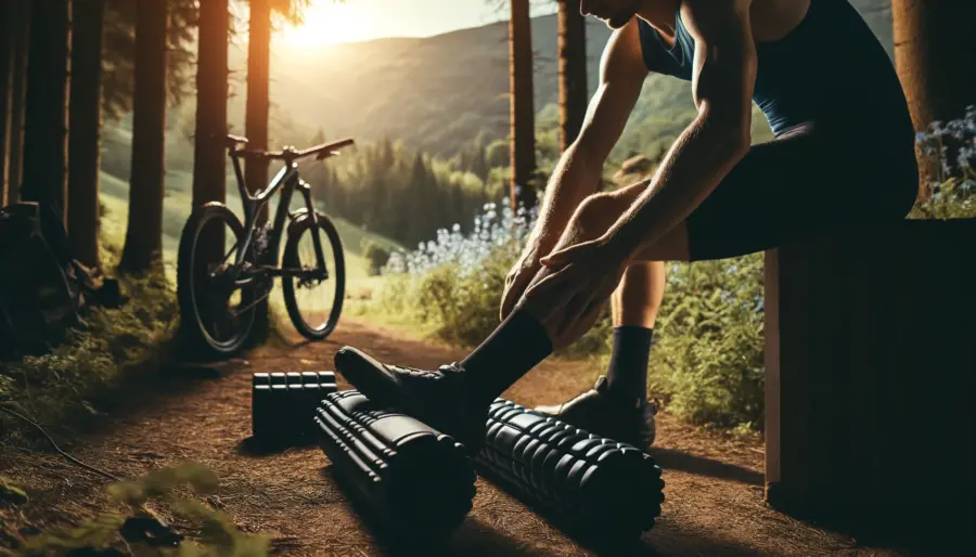 Mountain biker using a foam roller outdoors, surrounded by nature, for post-ride muscle recovery.