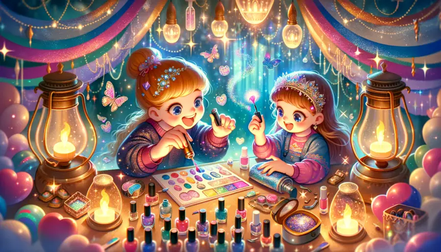 Kids applying glittery nail polish and creating sparkly designs with a mix of stickers and decals, in a vibrant, magical setting.