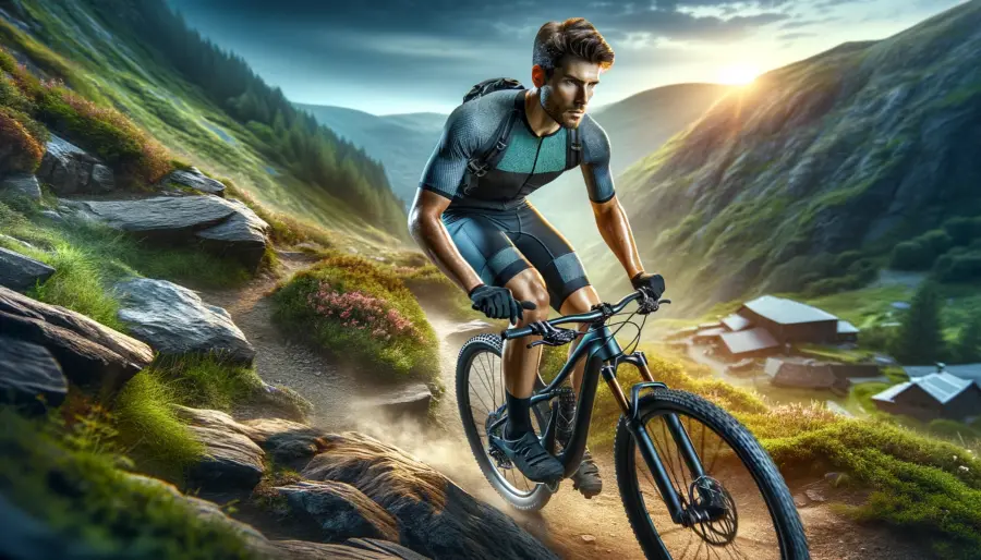 Mountain biker in high-performance gear riding through a rocky mountain trail, showcasing moisture-wicking jersey and durable shorts.