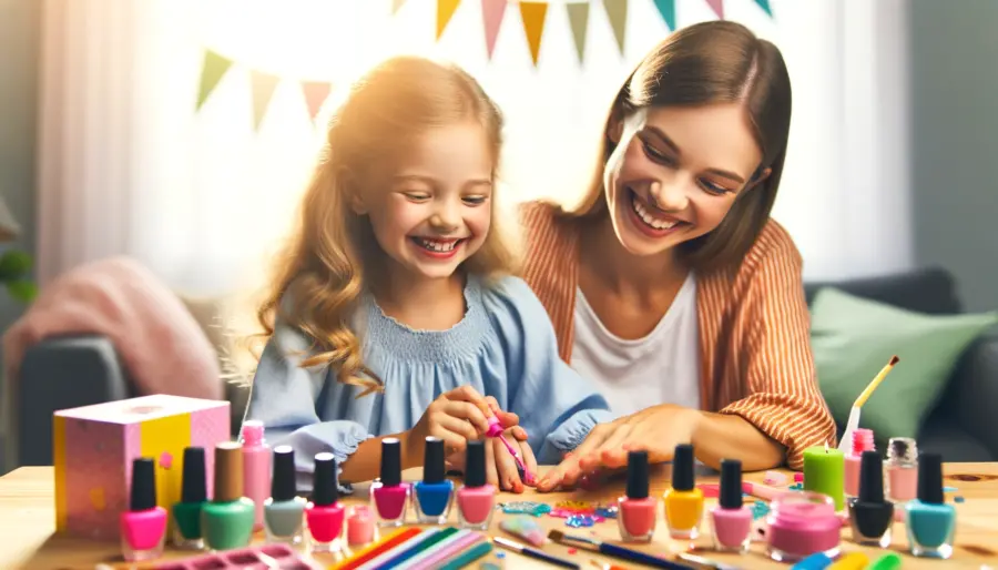 A young girl and her parent engaging in nail art at home, using vibrant non-toxic nail polishes and various tools, creating a warm, playful setting.