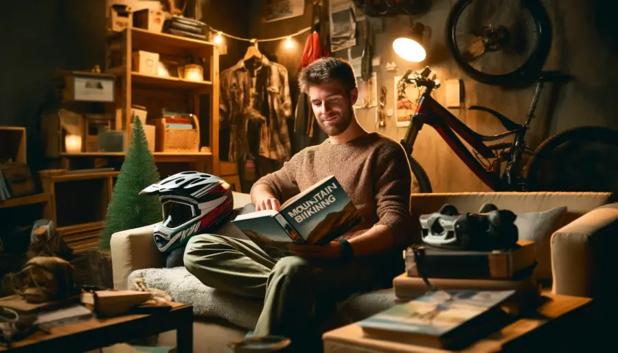 Mountain biker reading a mountain biking book in a cozy home setting surrounded by biking gear.