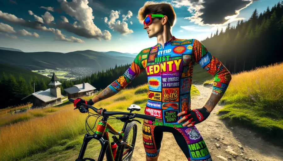 Mountain biker in a colorful novelty jersey posing on a scenic trail.