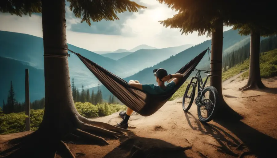 Mountain biker relaxing in a portable hammock between trees with a scenic mountain view.