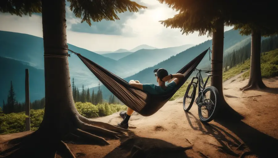Top 16 Gift Ideas for a Mountain Biker - Explore Now! 12 Mountain biker relaxing in a portable hammock between trees with a scenic mountain view.