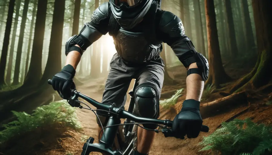 Mountain biker fully equipped with helmet, knee pads, and other protective gear on a forest trail, highlighting safety and confidence.