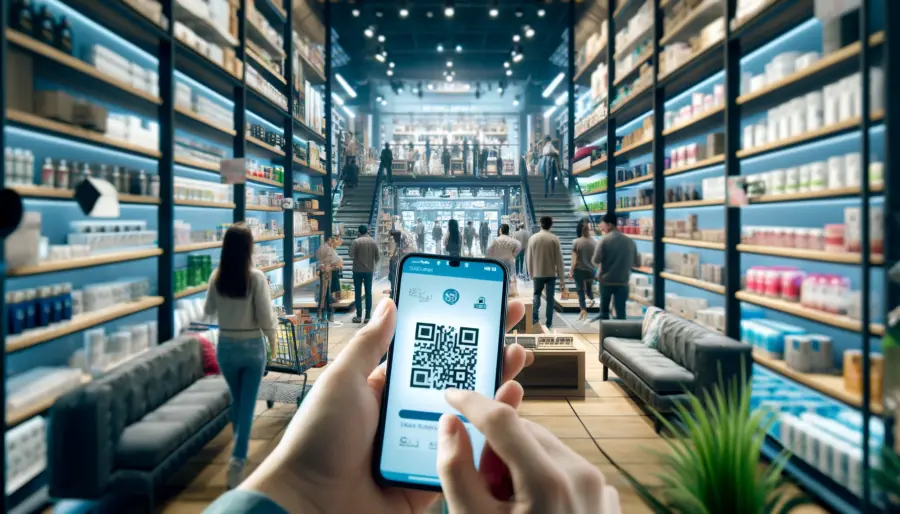 Shoppers scanning QR codes in a modern retail store for augmented reality experiences and product information.