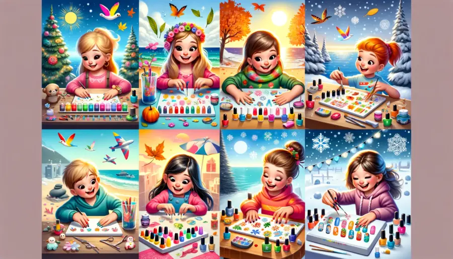 Children creating seasonal nail art designs, featuring spring flowers, summer beach scenes, fall leaves, and winter snowflakes in a festive setting.