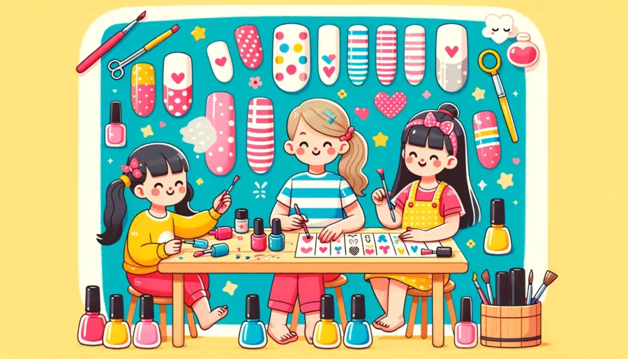 Children applying simple nail art designs like polka dots, stripes, hearts, and stars using basic tools in a colorful, child-friendly environment.