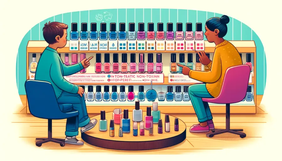 Nail Art for Kids: 10 Safe and Fun Designs for Little Hands 4 Parent explaining the features of non-toxic, water-based nail polish to a child in a child-friendly, colorful setup.