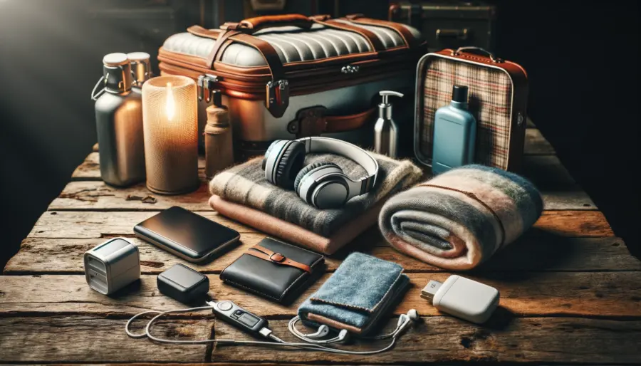 Essential travel gadgets and accessories displayed on a rustic wooden surface, including a portable charger, noise-canceling headphones, and a travel blanket