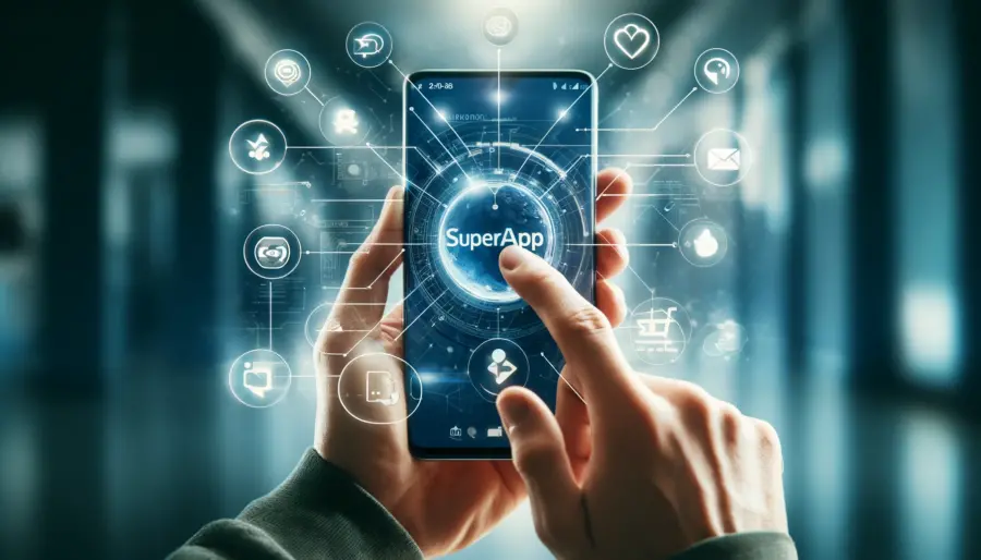 User navigating a superapp on a smartphone, showing integrated services for daily tasks.