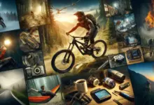 Montage of mountain biking scenes including a biker in high-performance gear on a rugged trail, using safety equipment, fixing a bike with maintenance tools, and relaxing in a hammock, with close-ups of GPS gadgets, hydration packs, and novelty items.
