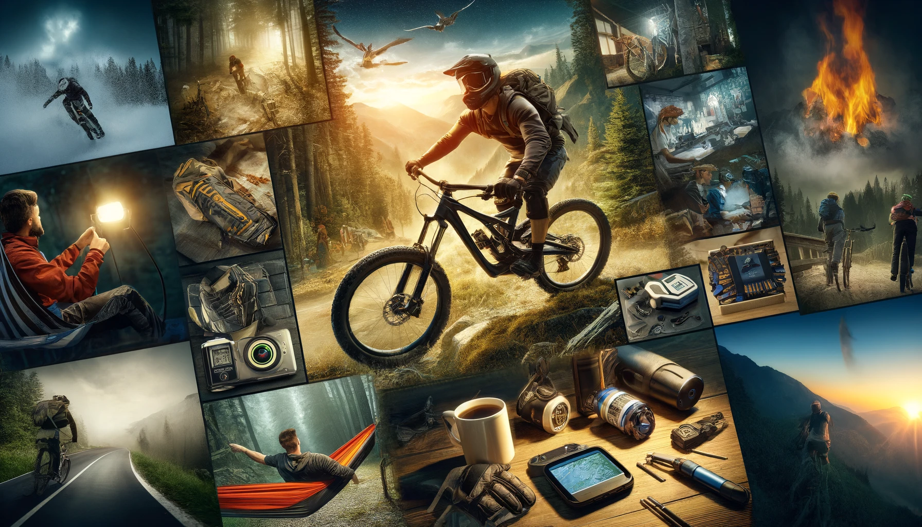 Montage of mountain biking scenes including a biker in high-performance gear on a rugged trail, using safety equipment, fixing a bike with maintenance tools, and relaxing in a hammock, with close-ups of GPS gadgets, hydration packs, and novelty items.