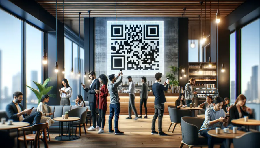 Diverse patrons in a modern urban cafe scanning a large QR code for a digital menu, showcasing the blend of technology with daily life.