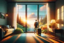 Person looking out of a window beside a suitcase, symbolizing a new journey, with a vibrant landscape visible outside, representing the excitement and possibilities of moving to a new state.