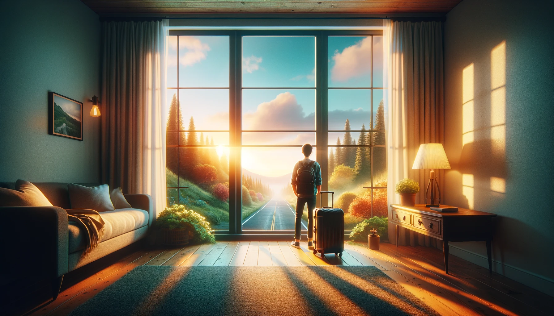 Person looking out of a window beside a suitcase, symbolizing a new journey, with a vibrant landscape visible outside, representing the excitement and possibilities of moving to a new state.
