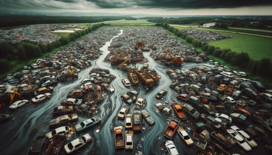 Pick-N-Pull | Driving Toward Sustainability: The Eco-Friendly Approach to Junk Car Disposal 4 Aerial view of a traditional scrapyard with environmental pollution from rusting cars, emphasizing the need for sustainable disposal methods.