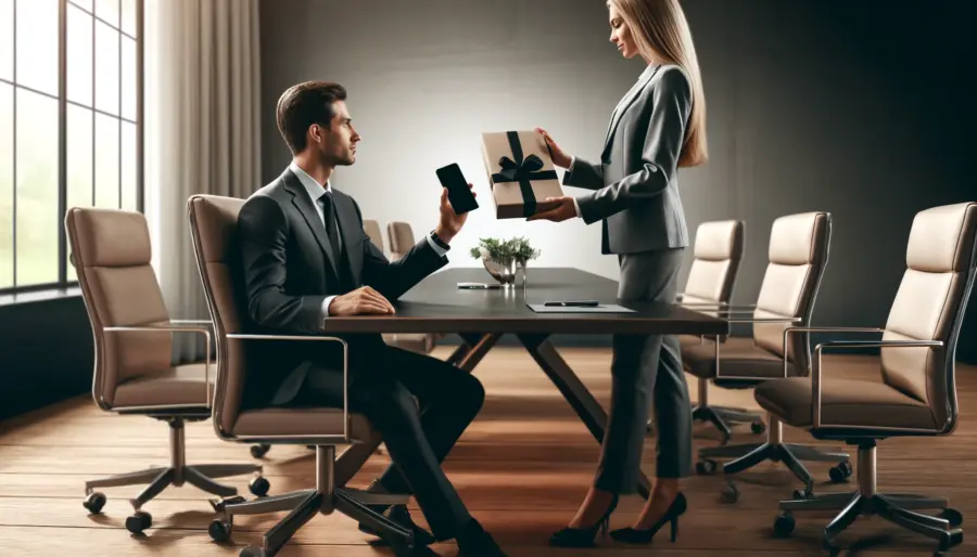 Two business professionals, a male and a female, exchanging sleek and modern gifts in a sophisticated meeting room, emphasizing mutual respect and appropriate high-end gift-giving.