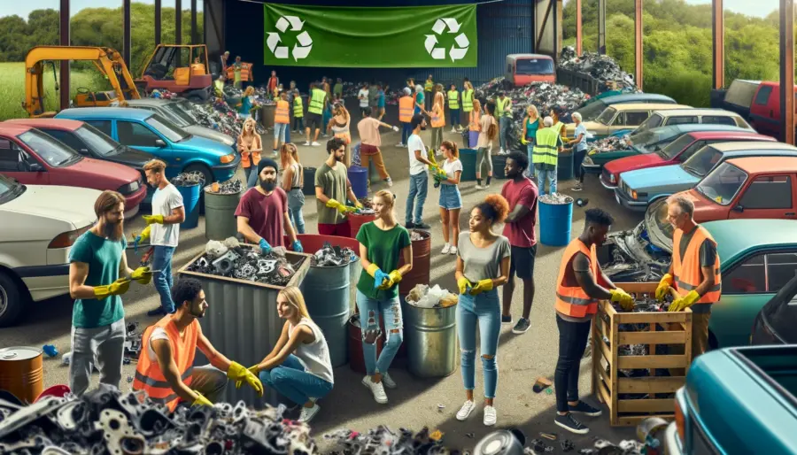 Pick-N-Pull | Driving Toward Sustainability: The Eco-Friendly Approach to Junk Car Disposal 7 Diverse community participating in an eco-friendly car disposal event, emphasizing recycling and sustainability.