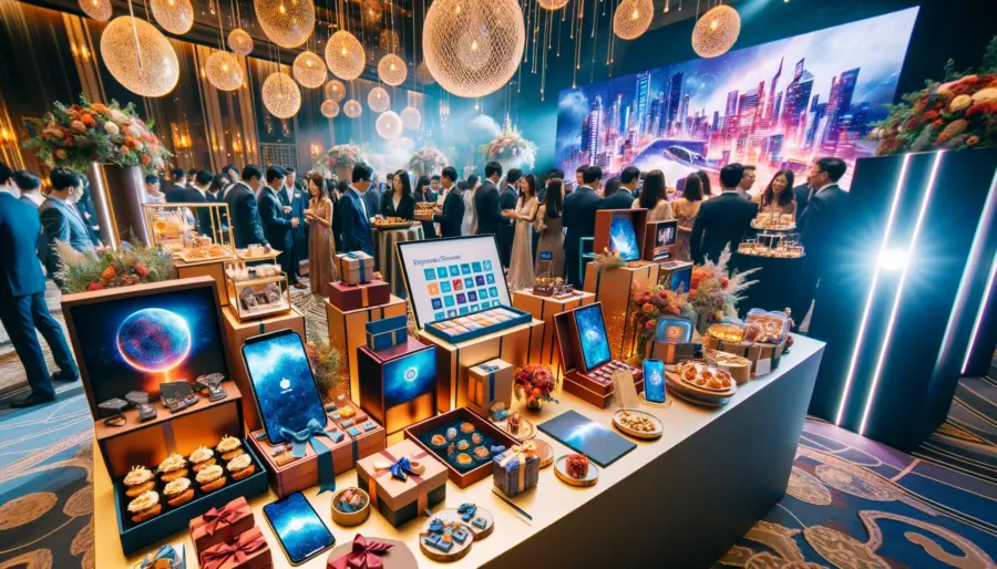 corporate event featuring a variety of unique and thoughtful gifts such as customized experience vouchers and tech gadgets, with attendees enjoying a festive atmosphere.