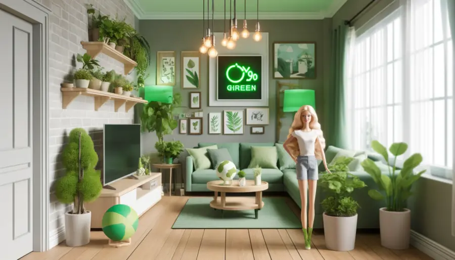 Top 10 Barbiecore Interior Design Trends in 2024 11 An eco-friendly Barbiecore living room featuring sustainable furniture, efficient lighting, and plenty of plants. The room is designed with green elements, creating a welcoming and environmentally conscious space.