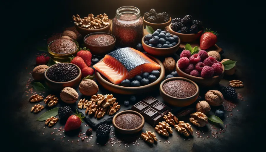 omega-3 and antioxidant-rich foods, including salmon, flaxseeds, and berries.