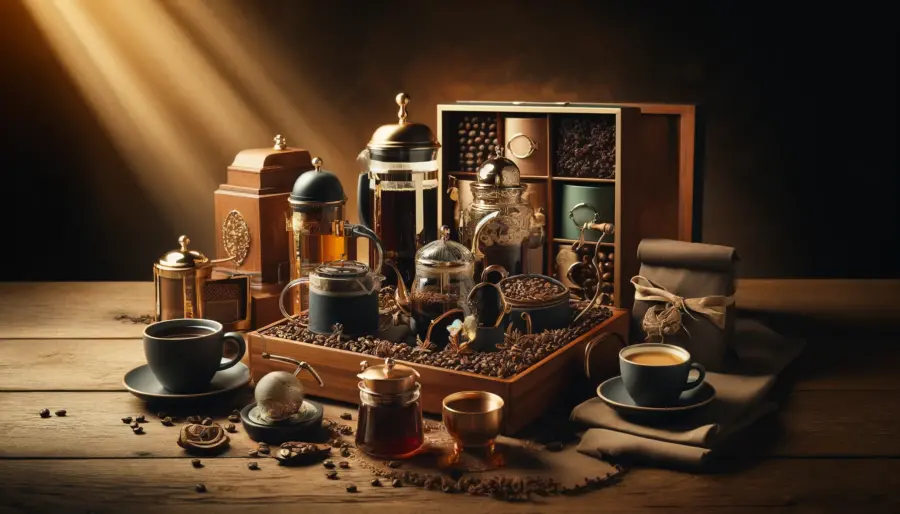 A luxurious coffee and tea gift set with premium coffees and artisanal teas, accompanied by a French press and tea infuser on a richly textured wooden table, bathed in warm, inviting lighting.