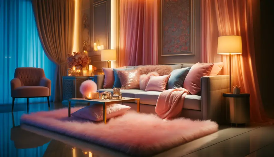 Top 10 Barbiecore Interior Design Trends in 2024 3 A luxurious living room showcasing Barbiecore style with a pastel shag rug, velvet sofa, and satin cushions. The space is filled with soft pillows and throws, adding warmth and comfort.