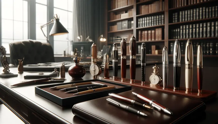 Luxury Montblanc and Parker pens on a mahogany desk with leather-bound books in the background, highlighted by soft, directional lighting