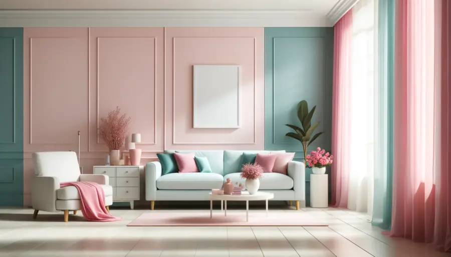 Top 10 Barbiecore Interior Design Trends in 2024 2 A chic living room featuring a pastel palette with soft blush walls, a light turquoise sofa, and bright magenta decor accents. The room is complemented with white furniture and soft-color wallpapers, creating a clean and airy vibe.