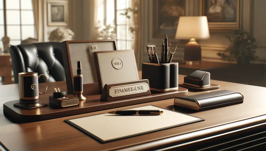 "Elegant office with personalized desk accessories including an engraved nameplate and desk organizer on a polished wooden desk, illuminated by soft lighting