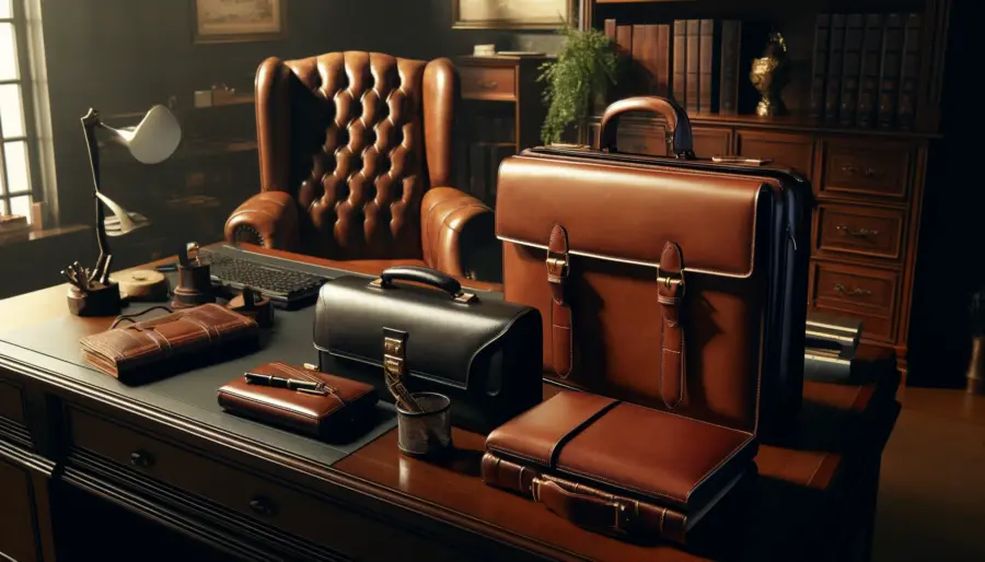 Executive office featuring premium leather goods including briefcases and portfolios on a dark wood desk, accentuated by warm lighting