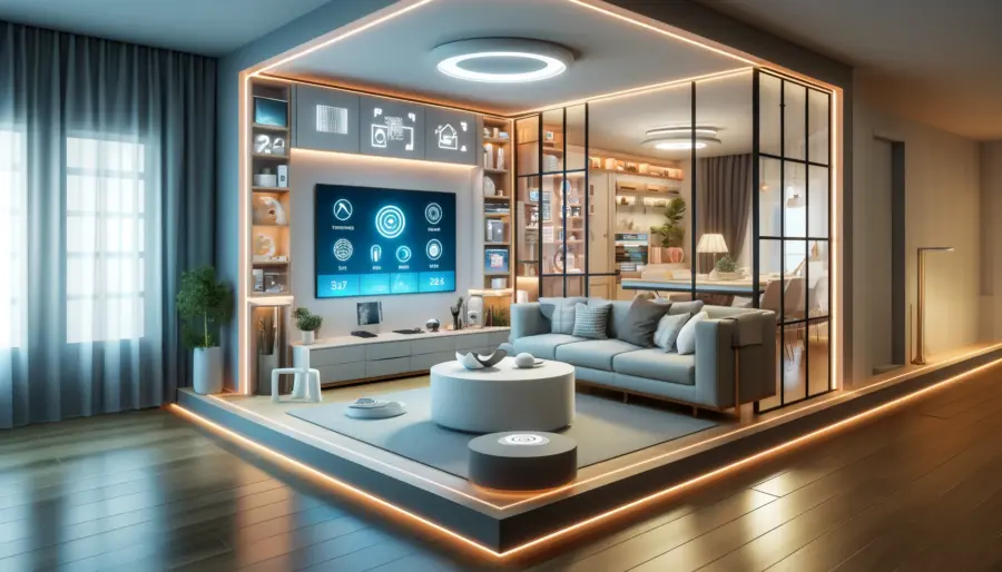 Top 10 Barbiecore Interior Design Trends in 2024 10 A modern Barbiecore living room integrating smart home technology with voice-controlled lights, smart windows, and hidden charging stations. The space is sleek and functional, blending high-tech elements with stylish design.