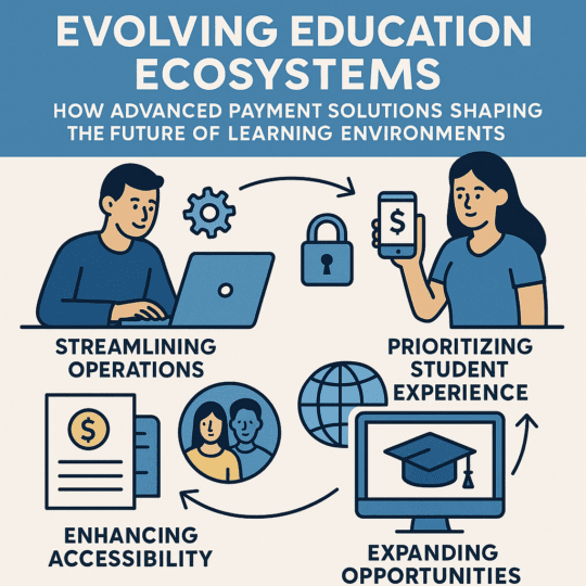 Flat-style infographic on evolving educational ecosystems shows how payment solutions support operations, accessibility, student experience, and global opportunities in digital learning.