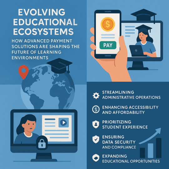 An infographic illustrates how advanced payment solutions enhance educational ecosystems, highlighting global access, mobile transactions, online classes, and key operational benefits.