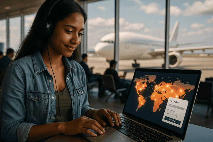 A young woman in an airport lounge uses a laptop displaying a global digital payment map, representing the expansion of international educational opportunities through advanced payment solutions.