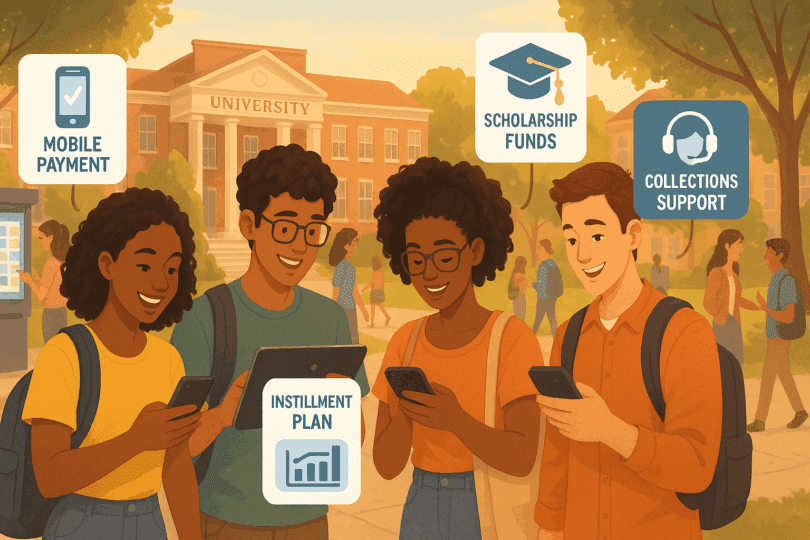 Students using mobile devices to manage flexible tuition payment plans, make campus purchases, and access financial aid through integrated payment systems.