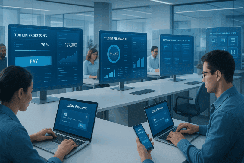 Modern educational administration office using digital payment systems and real-time financial analytics dashboards to streamline tuition and fee processing.
