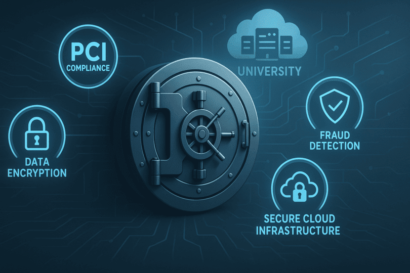 Secure educational payment system featuring PCI compliance, data encryption, fraud detection, and cloud-based infrastructure for protecting student financial information.