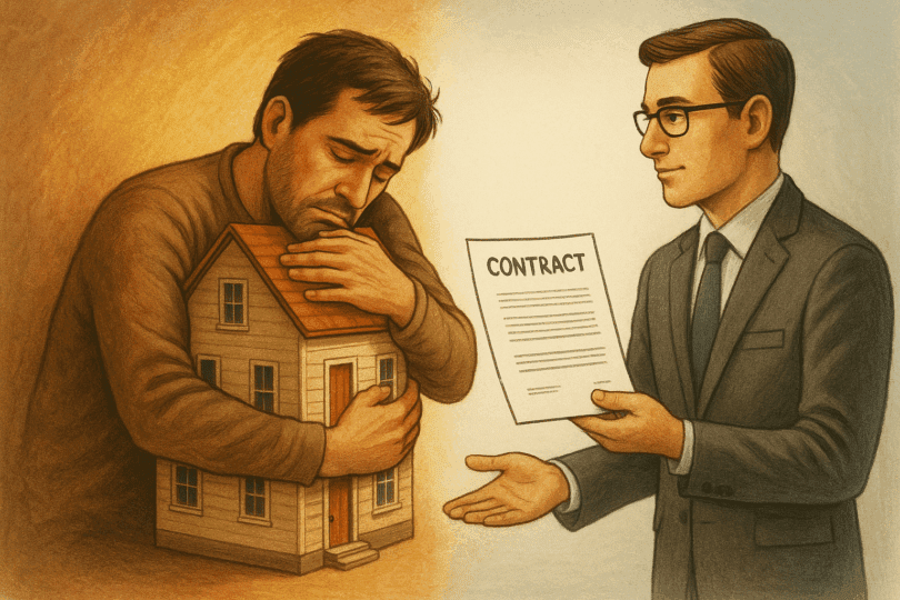 The Risks of Going Solo: Mistakes Homeowners Make When Selling Without Help 5 Illustration of a homeowner emotionally attached to their house contrasted with a professional offering objective guidance.
