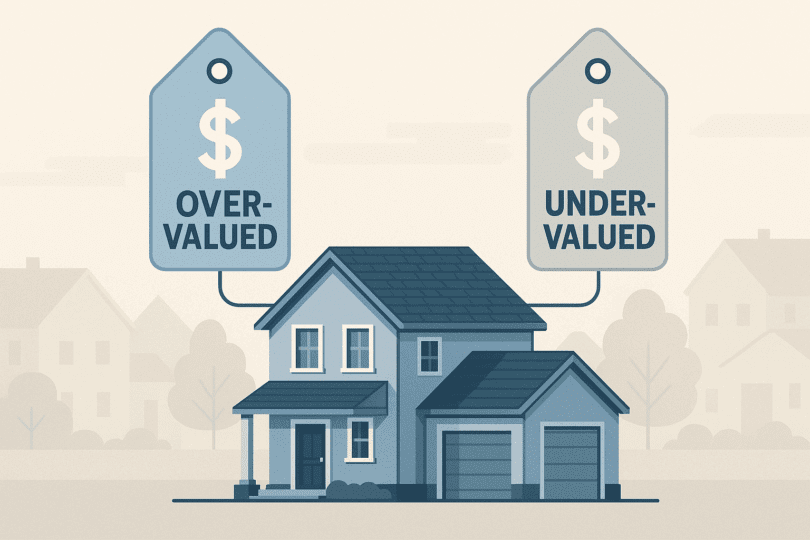 The Risks of Going Solo: Mistakes Homeowners Make When Selling Without Help 2 "Infographic of a house with two price tags showing the dangers of mispricing a property in FSBO home sales.