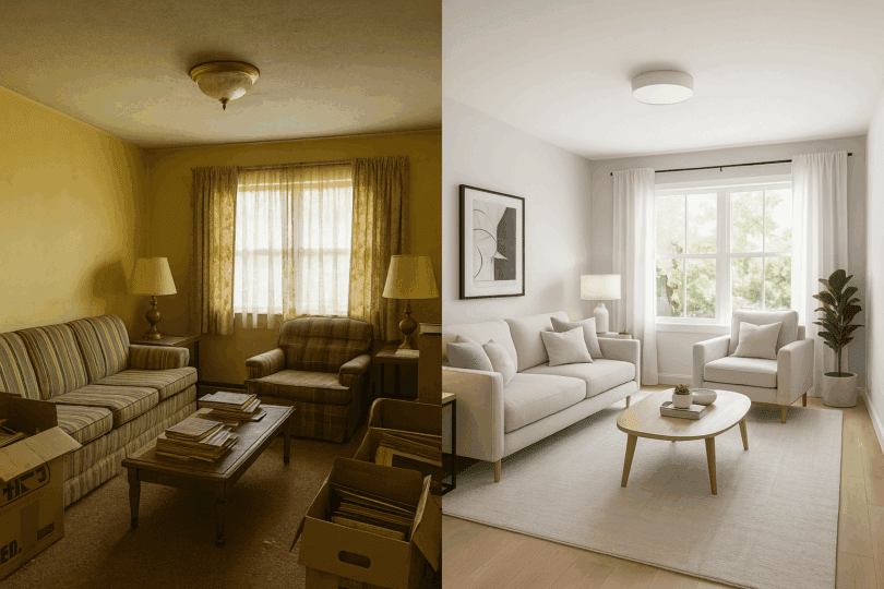The Risks of Going Solo: Mistakes Homeowners Make When Selling Without Help 3 Split-screen image comparing a cluttered, poorly staged room to a professionally staged, bright and appealing living space.