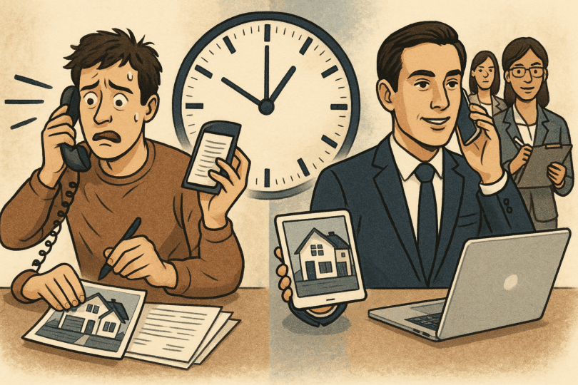 The Risks of Going Solo: Mistakes Homeowners Make When Selling Without Help 6 Overwhelmed FSBO seller multitasking with looming time pressure compared to a calm real estate agent handling tasks efficiently.