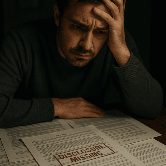 The Risks of Going Solo: Mistakes Homeowners Make When Selling Without Help 4 Stressed homeowner reviewing complex legal documents with a missing disclosure warning, highlighting FSBO legal risks.