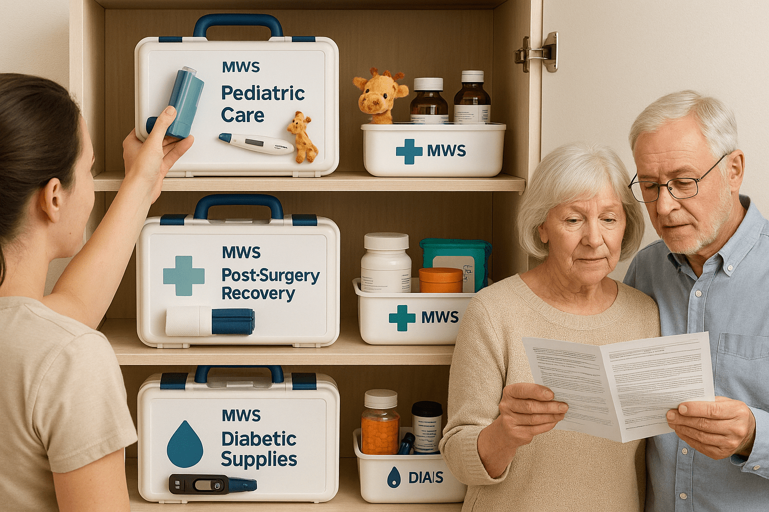 How MWS Medical Supplies Is Transforming At-Home Health Care for Modern Families 3 Diverse medical care kits from MWS tailored for pediatric, post-op, and elder needs, showcasing personalized at-home health care options.
