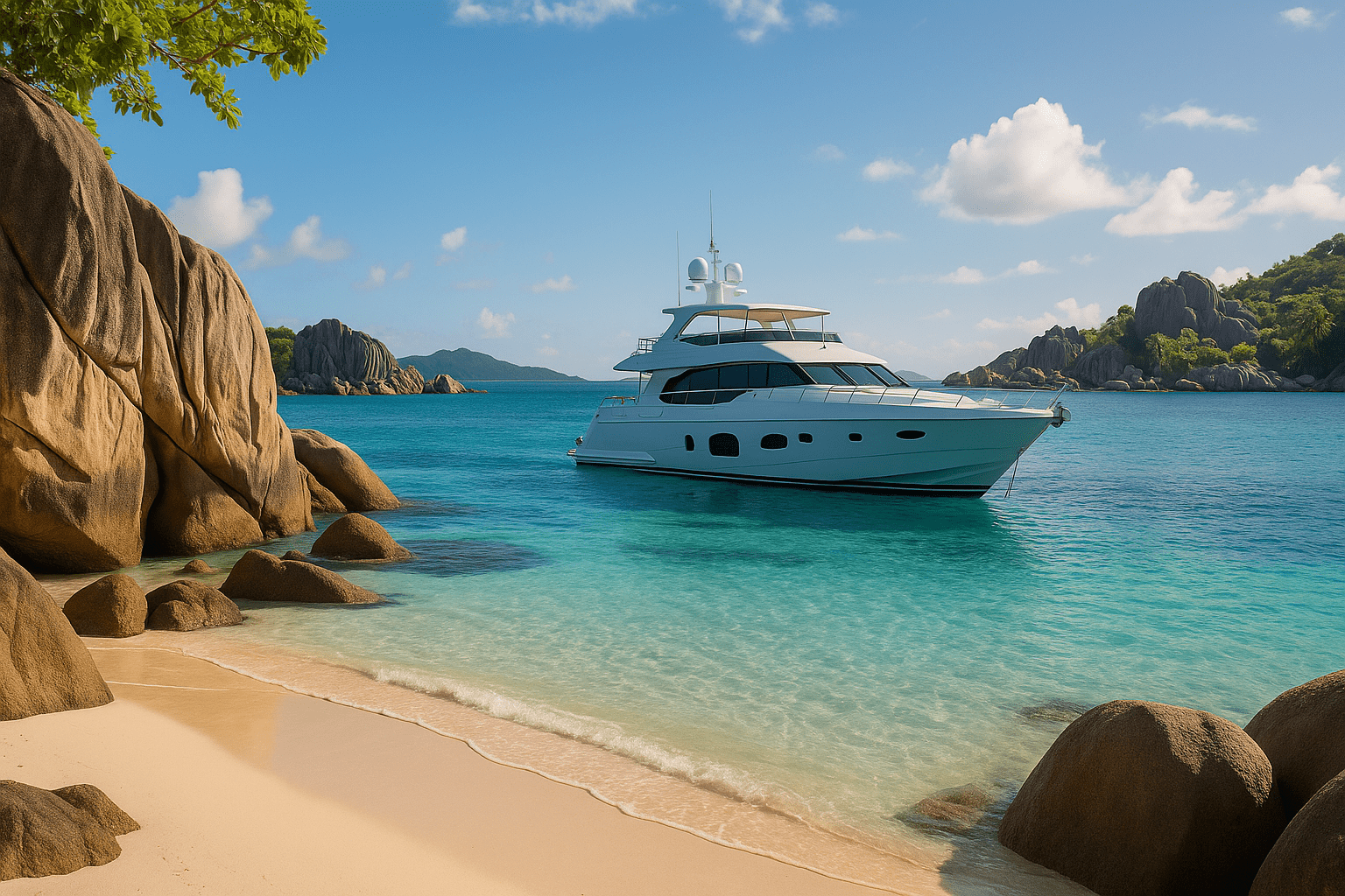Seychelles Yacht Charter Guide for Honeymooners & Romantic Getaways 2025 4 Elegant white motor yacht moored in a Seychelles lagoon surrounded by granite cliffs, lush greenery, and crystal-clear water—ideal for a private romantic escape.